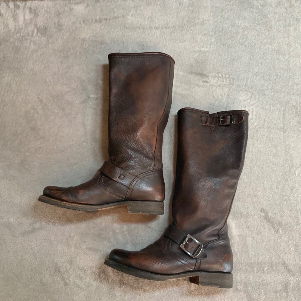 Frye Engineer 12R Dark Brown Distressed Leather Tall Moto Boots 77609 Womens 7.5 - Picture 5 of 12